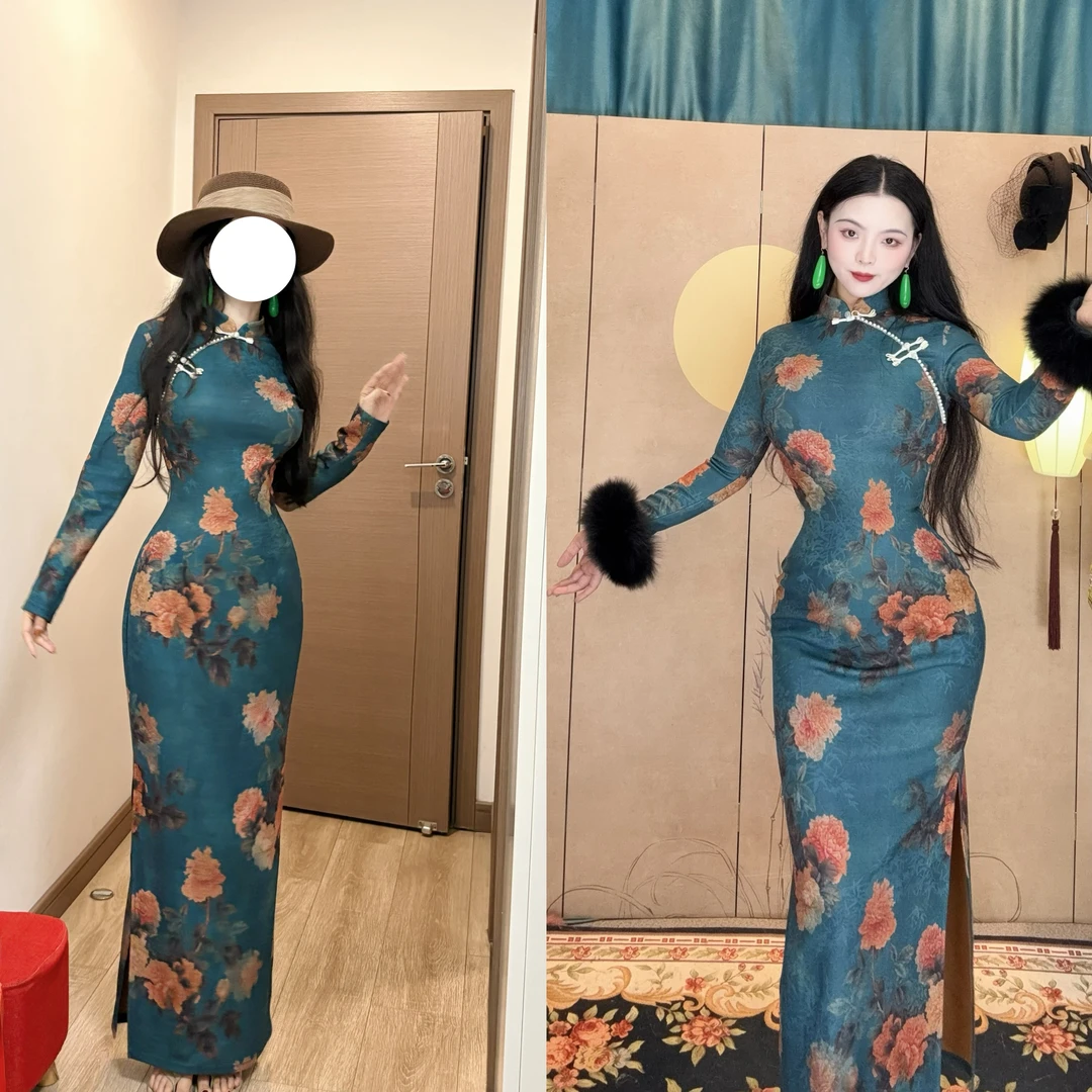 LHMknk1画报夫人原创自制厚款蓝丝缎秋季新中式旗袍 秋冬蓝丝缎