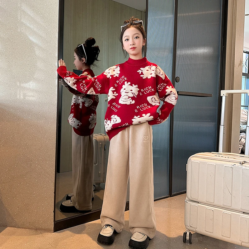 C3058女童毛衣秋冬款新款洋气儿童红色大童冬季加绒加厚圣诞上衣