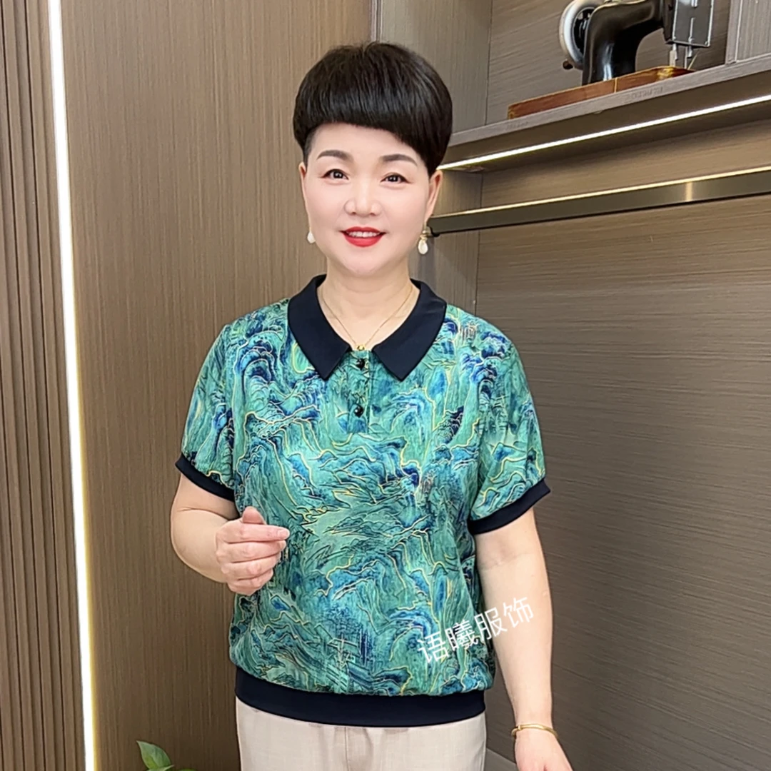 夏季宽松型休闲风常规中老年女装t恤翻领显瘦百搭小衫F8989