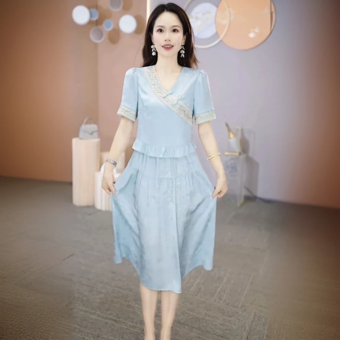 【连衣裙】2025夏季新款短袖蓝色收腰显瘦修身气质时尚优雅连衣裙