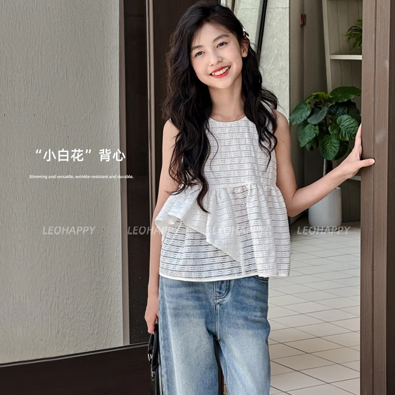 【小白花】纱质提花肌理感荷叶边圆领背心