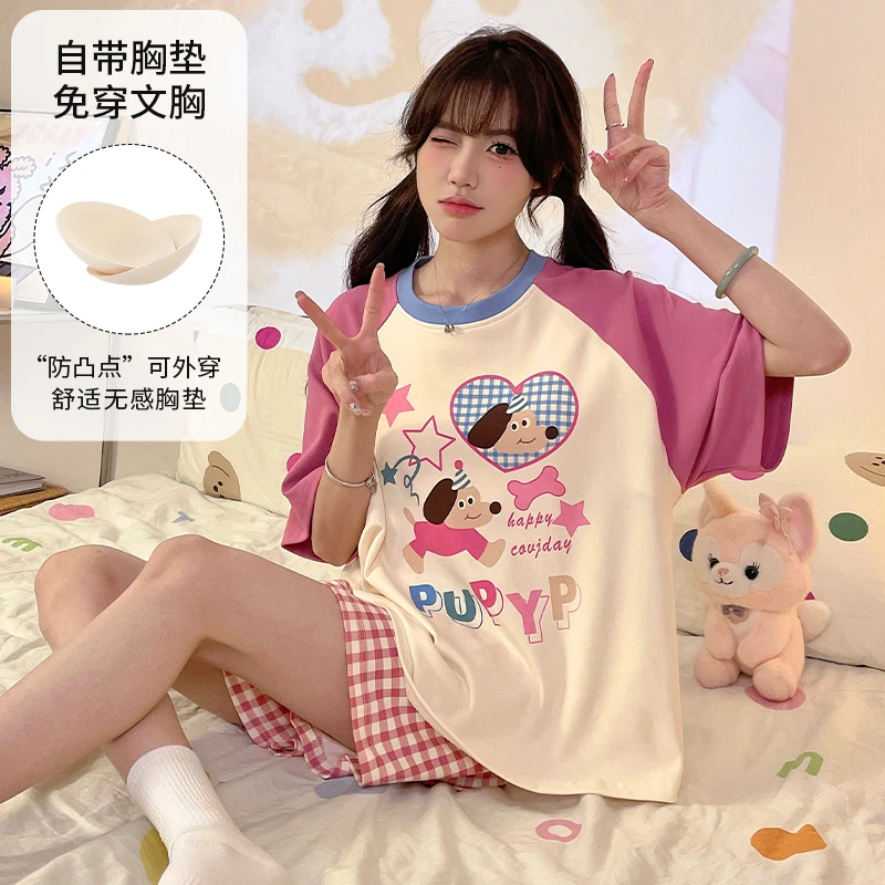 睡衣女孩带胸垫一体式夏季中大童短袖短裤12初中学生13家居服15岁