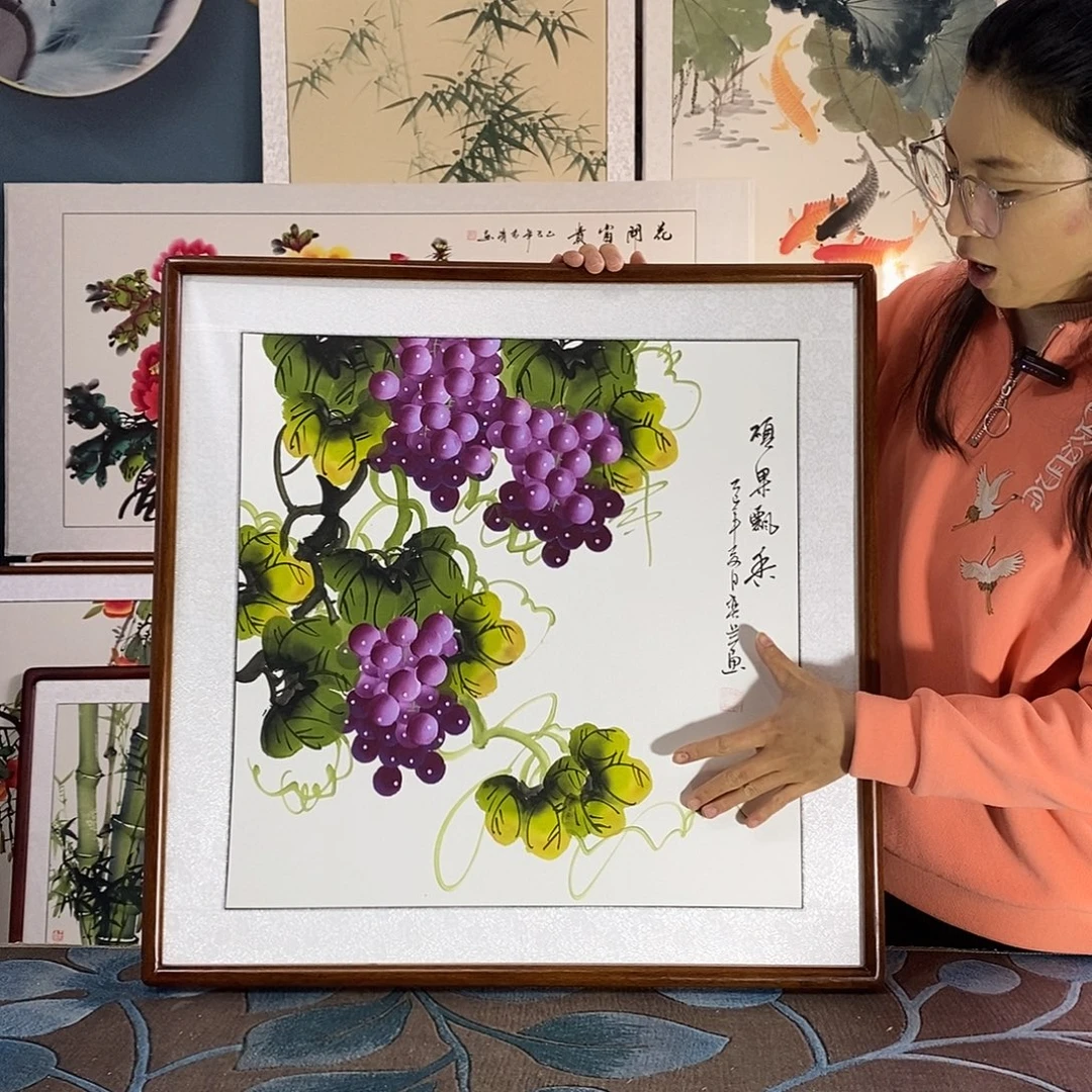 国画手写手绘国画作品带框包邮62✖️62