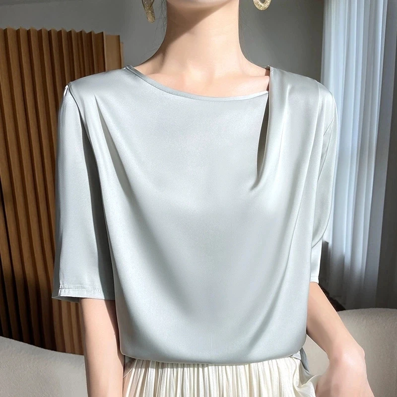 高档醋酸缎面短袖女t恤薄款肩部褶皱圆领设计感垂坠半袖
