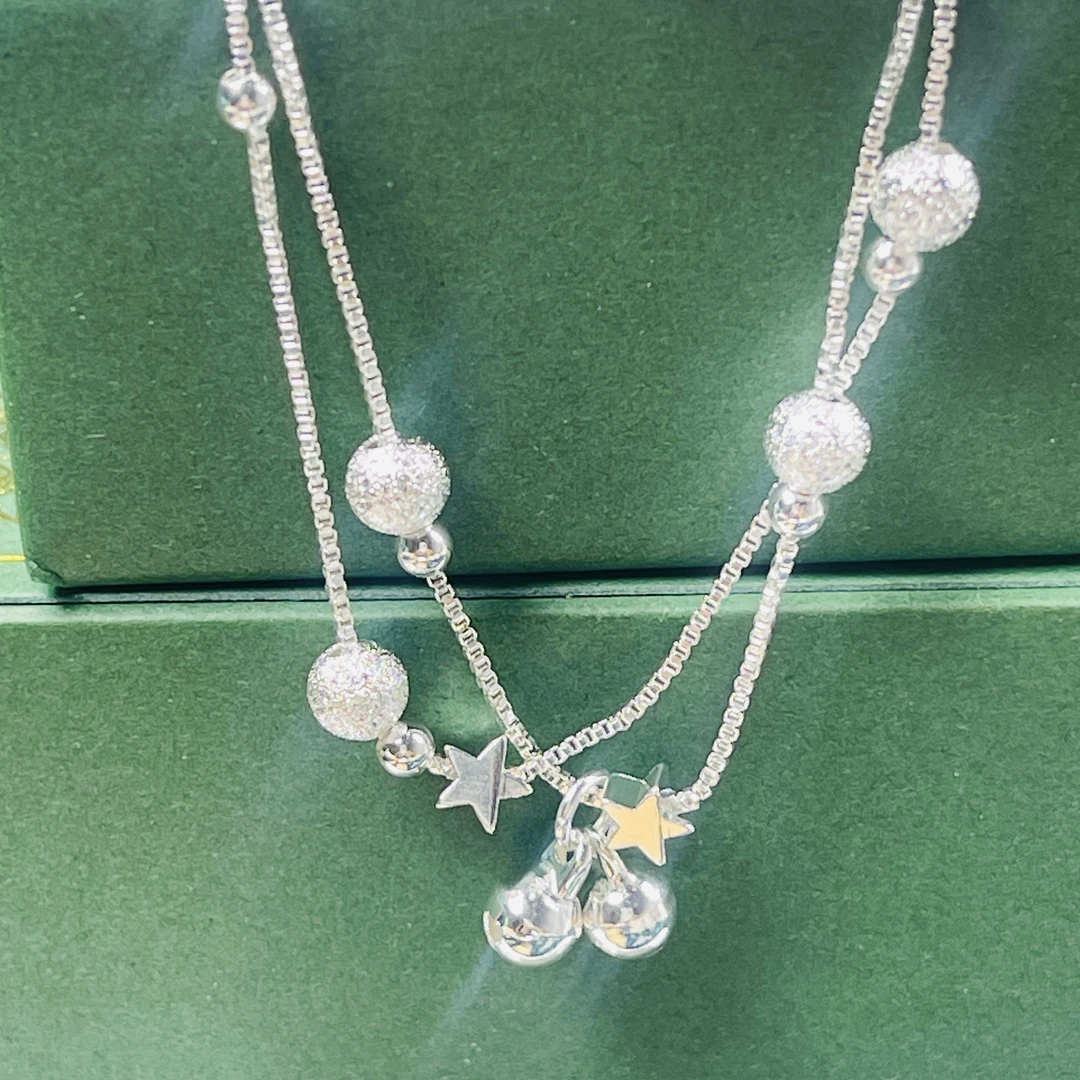 足银手链 铃铛双圈银手链时尚银色精致