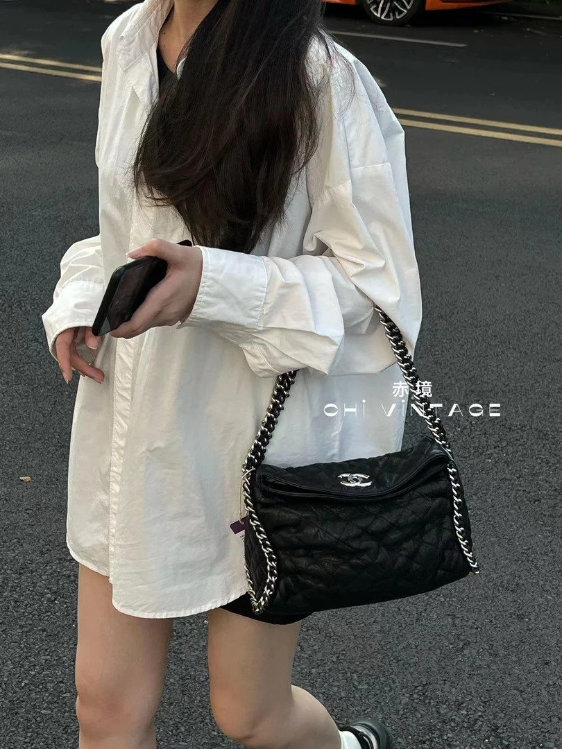 95新 Chanel/香奈儿 3489 黑银滚边hobo单肩10-11