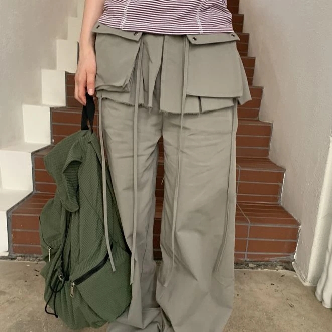 QYao Girls时髦重工拼接口袋屁帘假两件休闲宽松阔腿工装裙裤女
