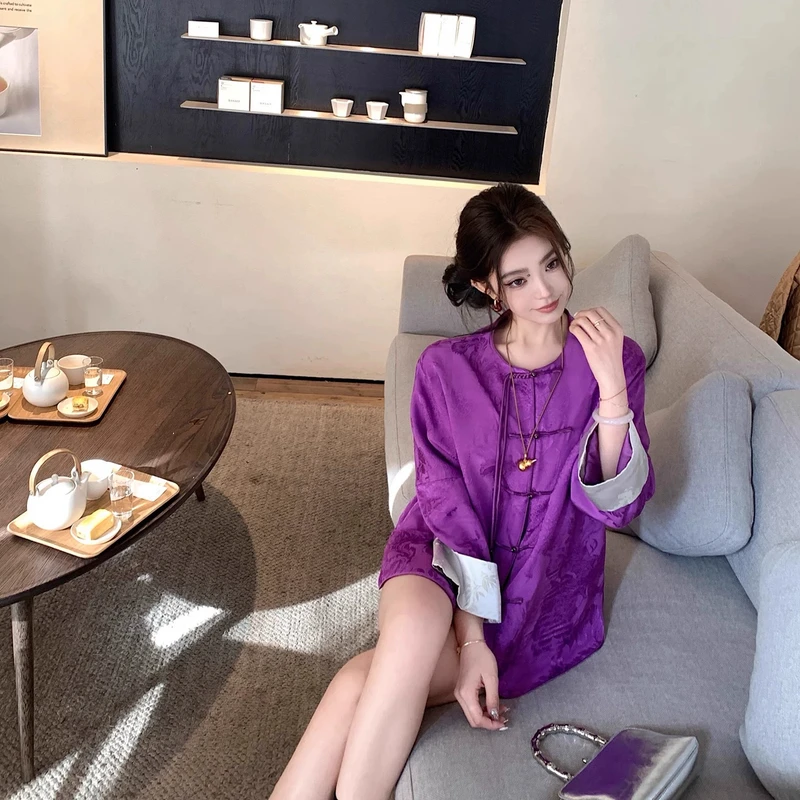 "福赐九重紫"100缎面提花拼接桑蚕丝袖 早春新中式国风马甲/外套