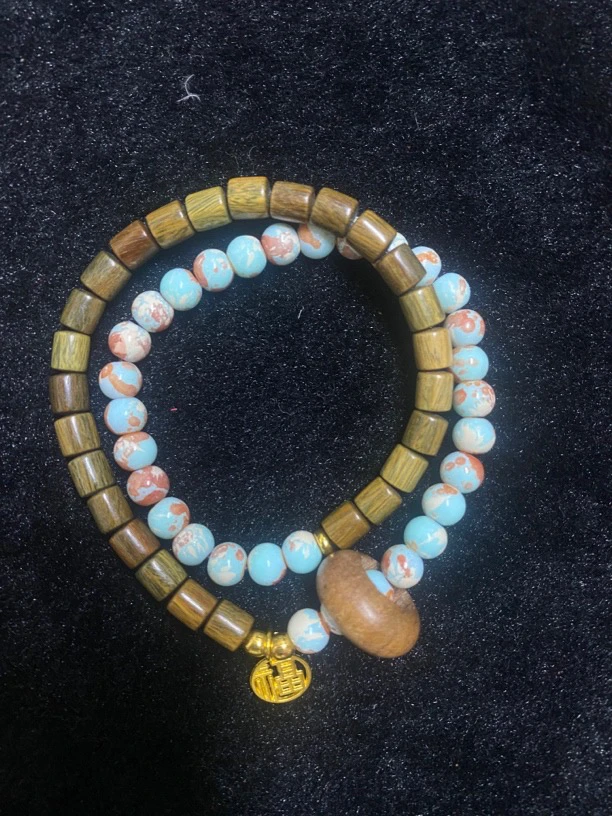 绿檀双圈福牌手链8536