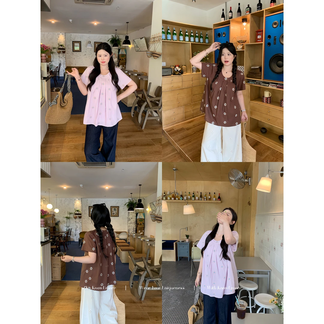 知葵微胖定制【塞纳花房】夏季清新印花圆领短袖衬衫12252CS8029