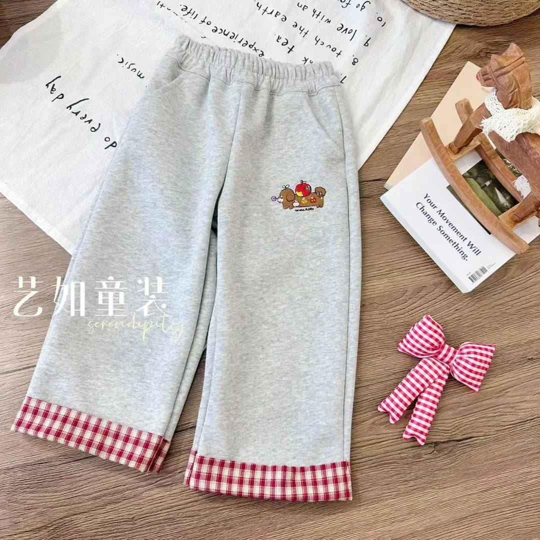番茄家*【智巧拼接】秋季上新卡通刺绣翻边格子阔腿裤D-H79