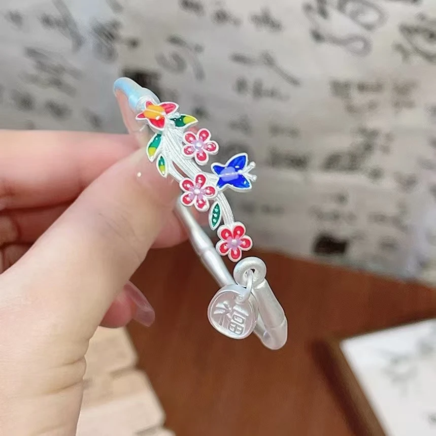足银手镯 足银999珐琅彩七彩繁花银手镯女炫彩蝴蝶福牌竹节实心