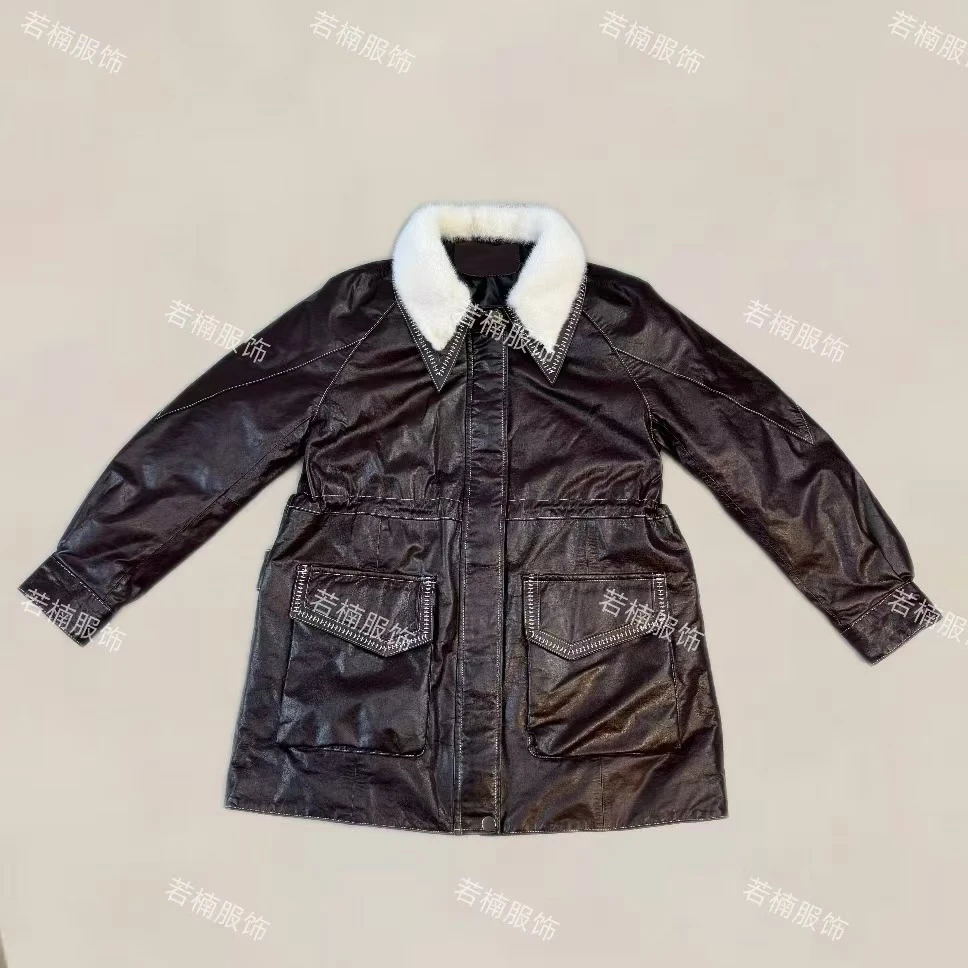 【若楠服饰】2025棕色简约高级明线加厚潮流女士皮衣外套-25698