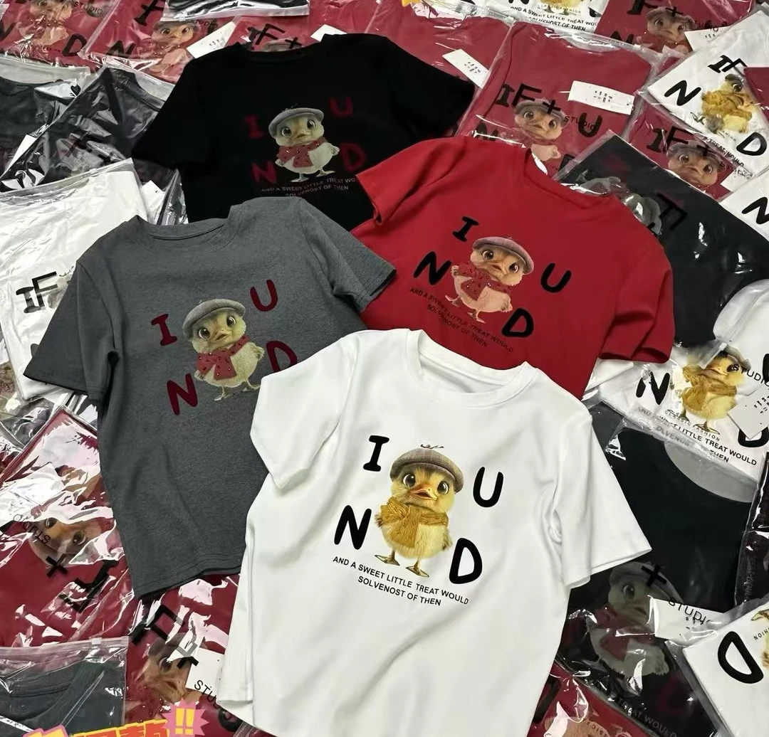 小鸭子印花短袖t恤女2024新款白色体恤字母百搭上衣 8361