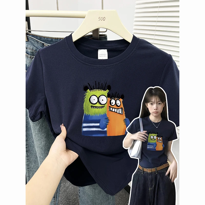 卡通ins风正肩显瘦内搭棉上衣圆领高弹力小众百搭修身短袖t恤女装