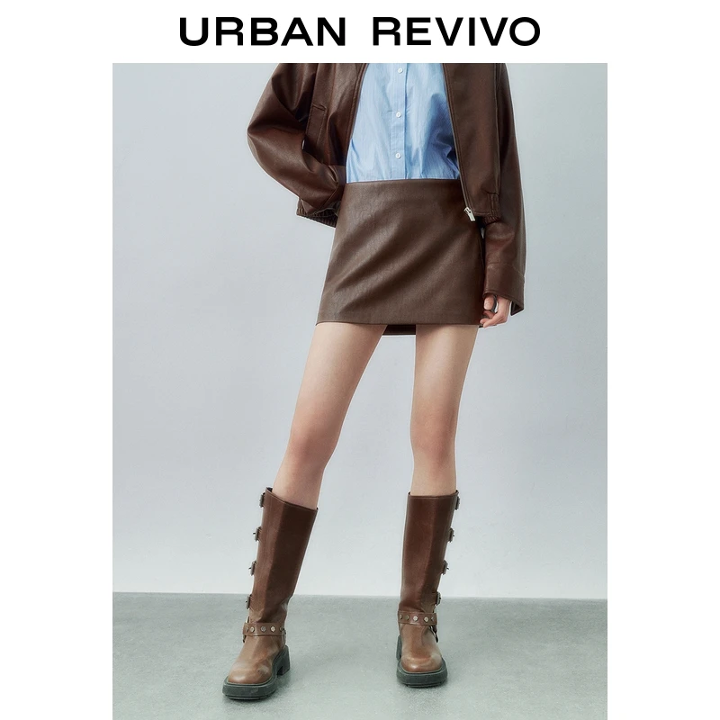 UR2026春季新款女都市气质肌理PU短款半裙UYY550032+