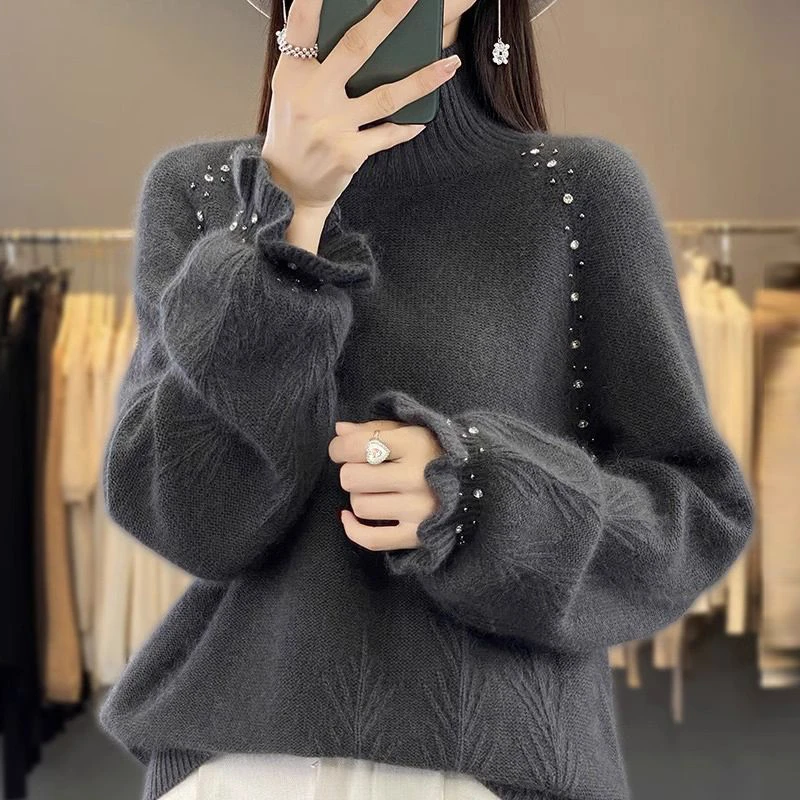 秋冬新款羊毛衫女内搭时尚钉珠高领针织毛衣宽松爆款打底衫慵懒风