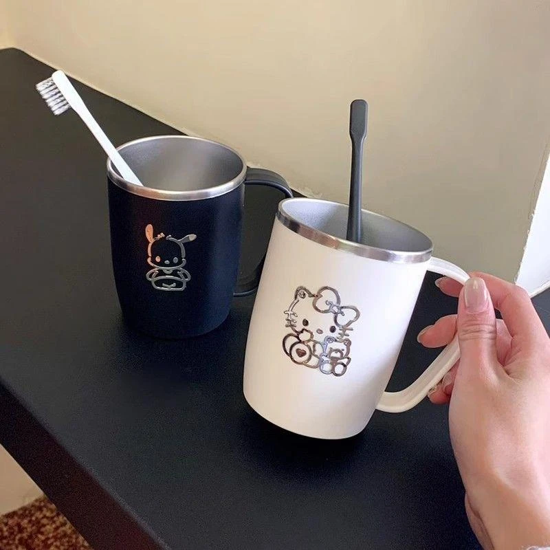 日式304不锈钢洗漱杯防摔刷牙水杯带手柄一家三口简约可爱漱口杯