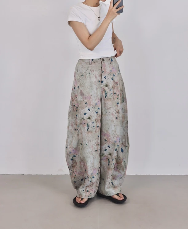 薄款水彩晕染弯刀裤长裤夏季休闲裤显瘦廉刀裤女
