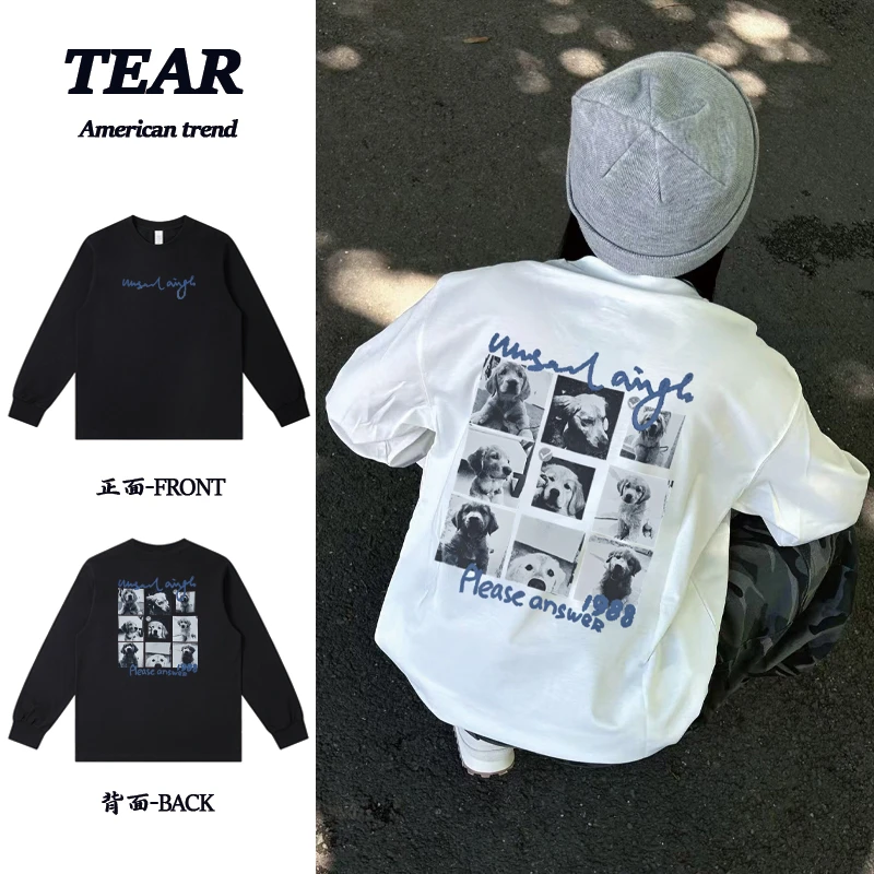 美式重磅纯棉九宫格狗狗印花宽松百搭ootd穿搭长袖T恤男女同款