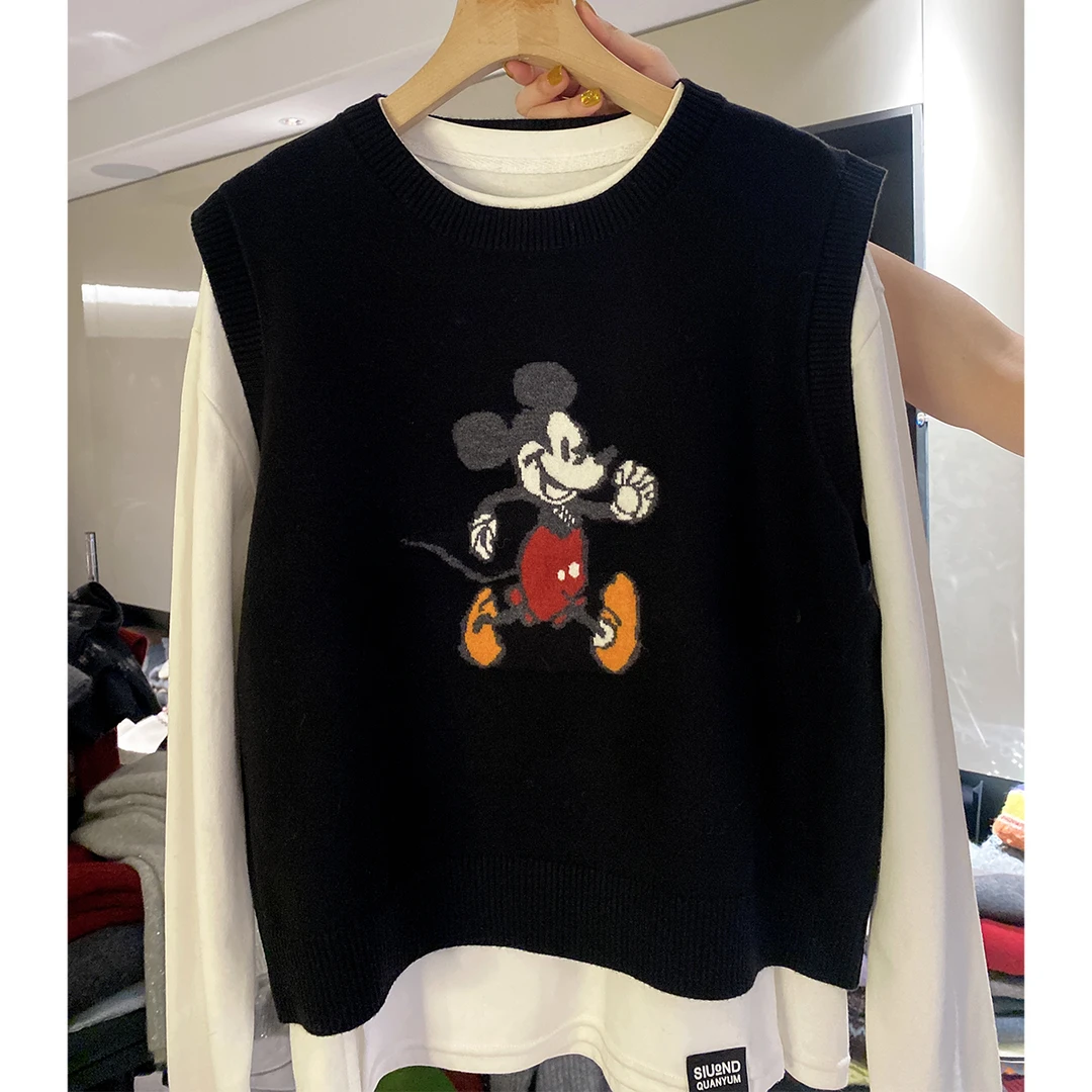 宽松百搭马夹网红卡通提花上衣圆领套头秋季无袖女装背心-870