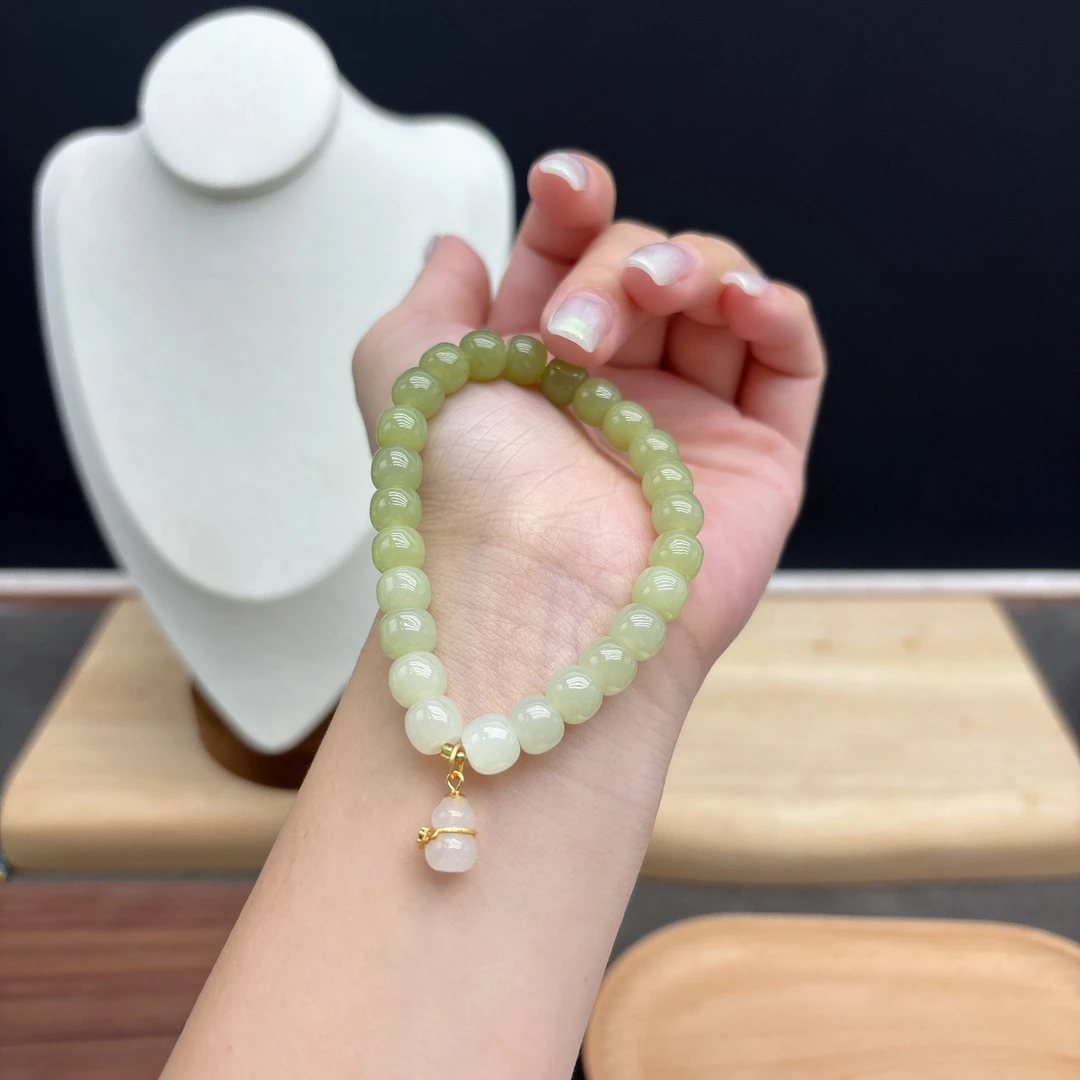 单圈和田玉新疆黄口桶珠渐变卡8MM搭配葫芦吊坠手串简约Y132899