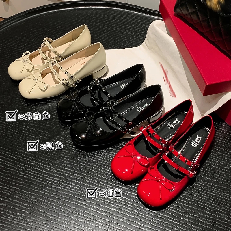 【牛皮】3.5CM/甜美双绑带玛丽珍鞋百搭低跟单鞋时尚浅口蝴蝶结鞋
