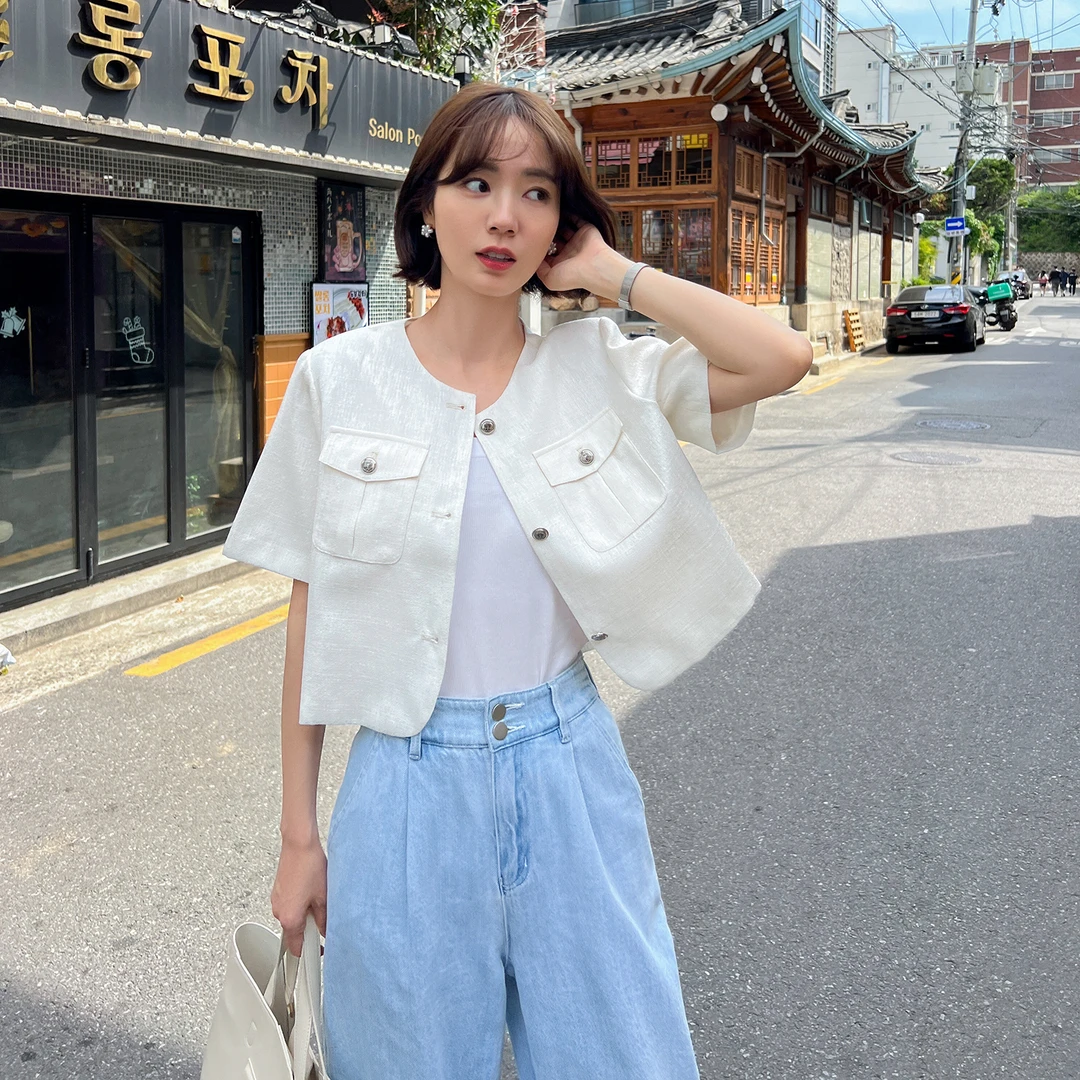 「新品」【栀子白茶】圆领短款上衣FS305S029