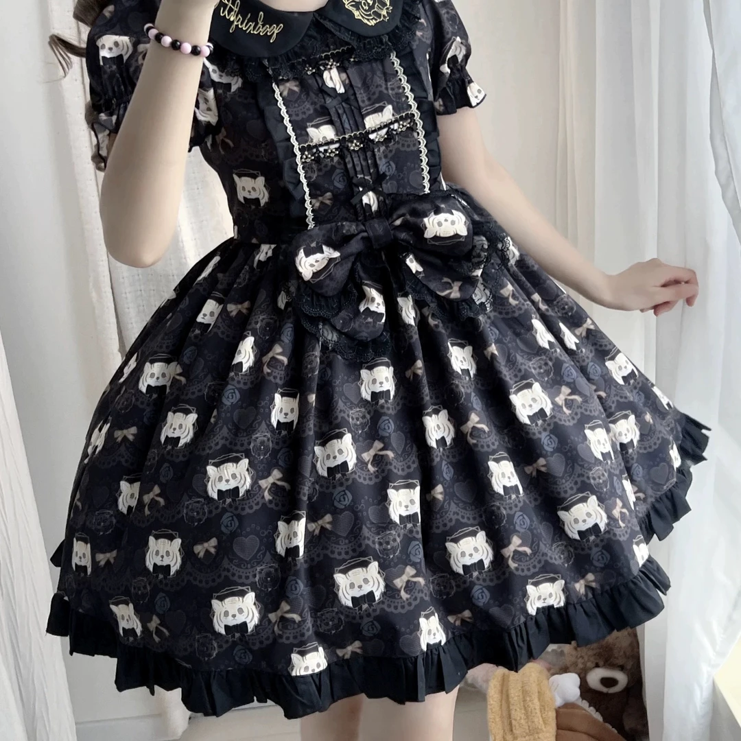 秋日虎虎黑色短袖op款式lolita连衣裙棉轻薄