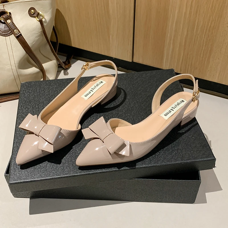 蝴蝶结包头凉鞋女外夏季新款老钱风高跟鞋千金名媛粗跟尖头单鞋女