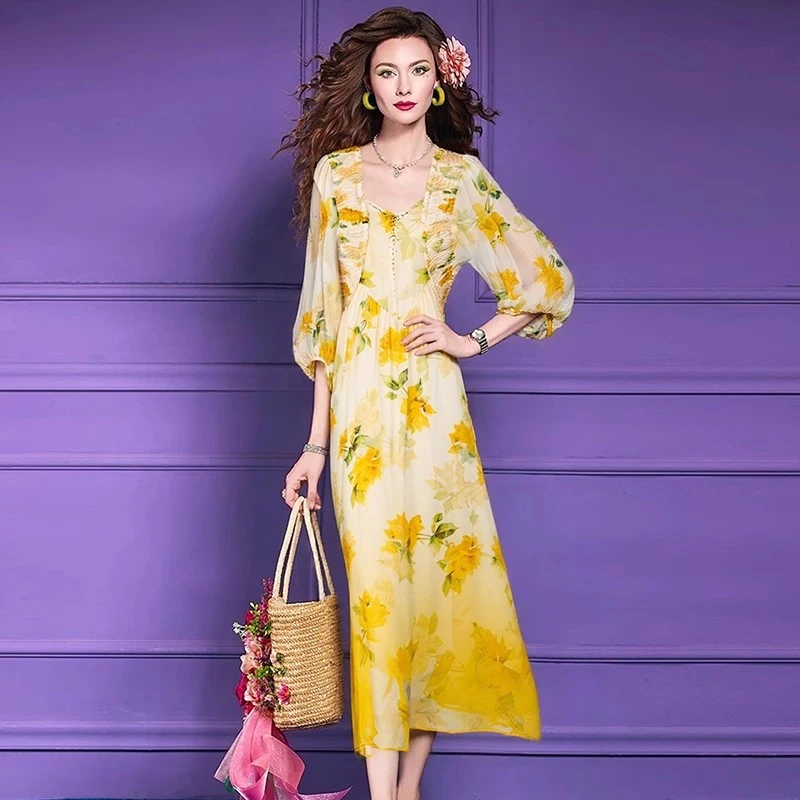 菲梦伊100%桑蚕丝印花连衣裙女夏装复古别致高端真丝长裙子64910