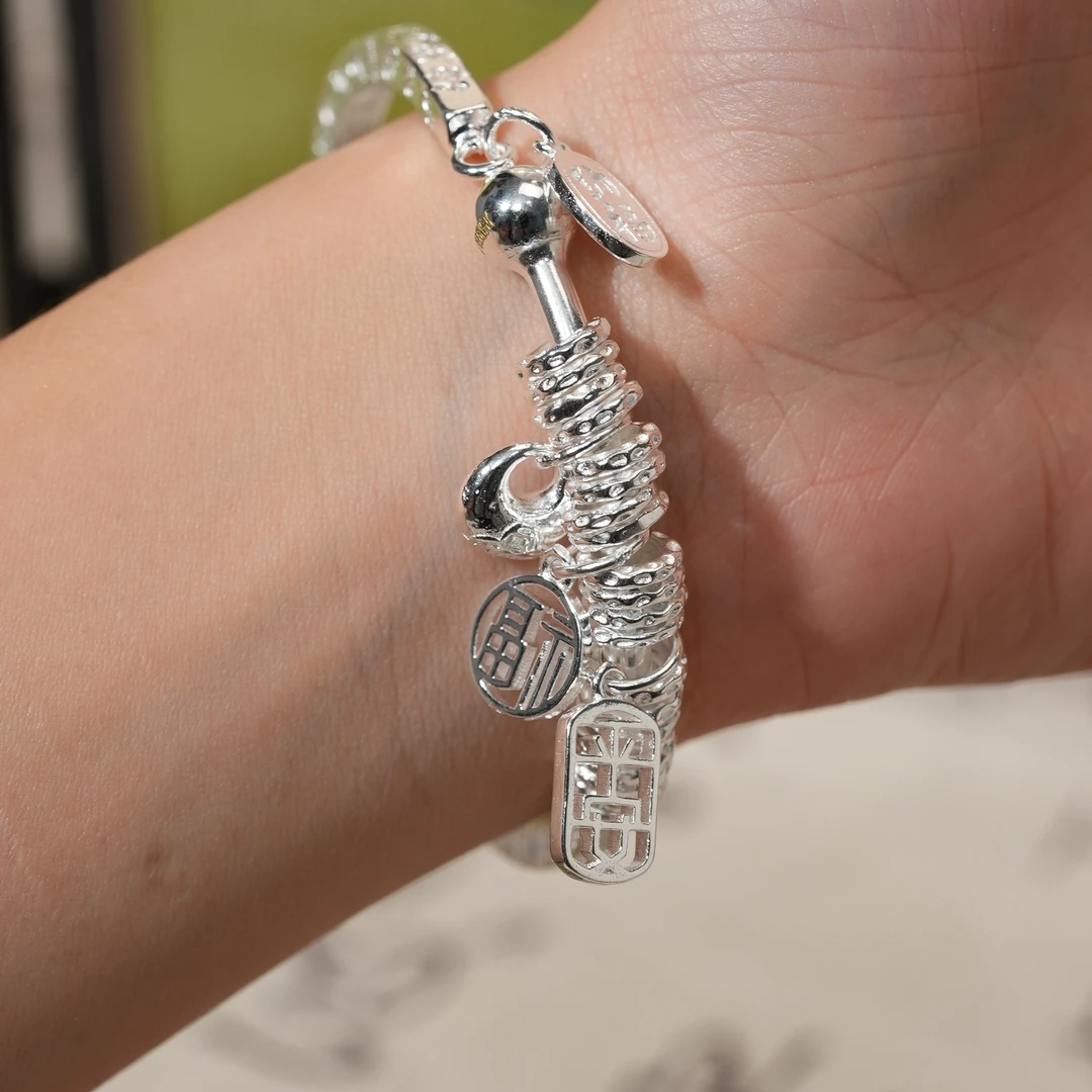 足银手镯 999平安招财四方福手镯盘缠银