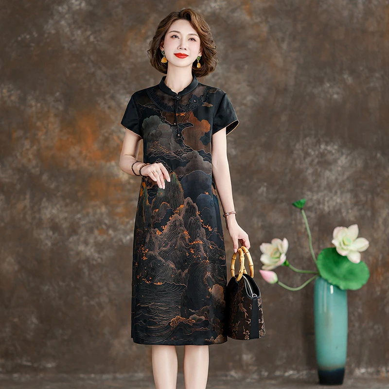 七夕限定-香云纱高端女装正品旗舰店连衣裙女新中式桑蚕丝真丝裙