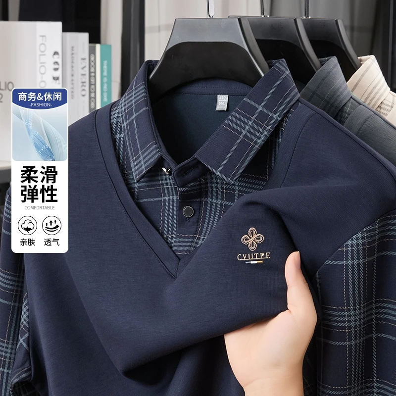【空气层】中年男士长袖T恤2025新款爸爸秋装假两件polo衫柔软上衣