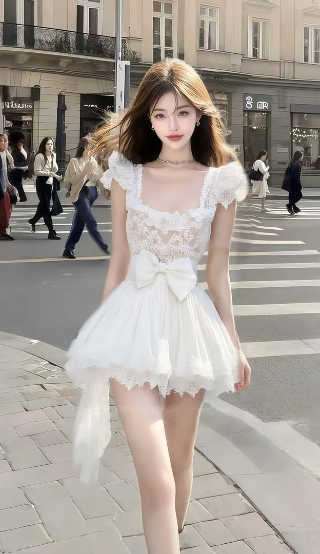 新款白色千金风方领修身收腰蕾丝连衣裙名媛轻奢优雅高级氛围感
