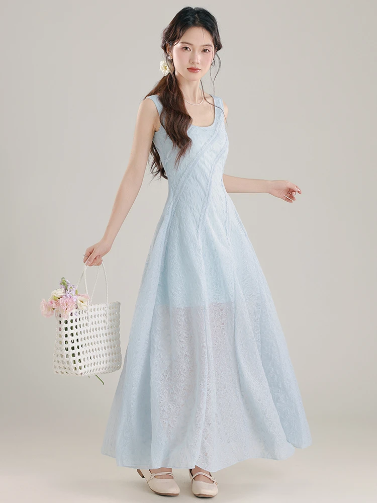 收腰吊带长裙连衣裙夏款法式方领肌理感裙子绝美掐腰裙