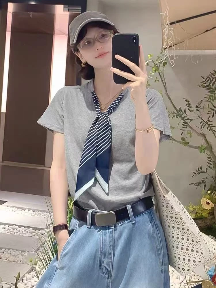 【晨浠定制】夏季新款韩系百搭领带V领短袖T恤701