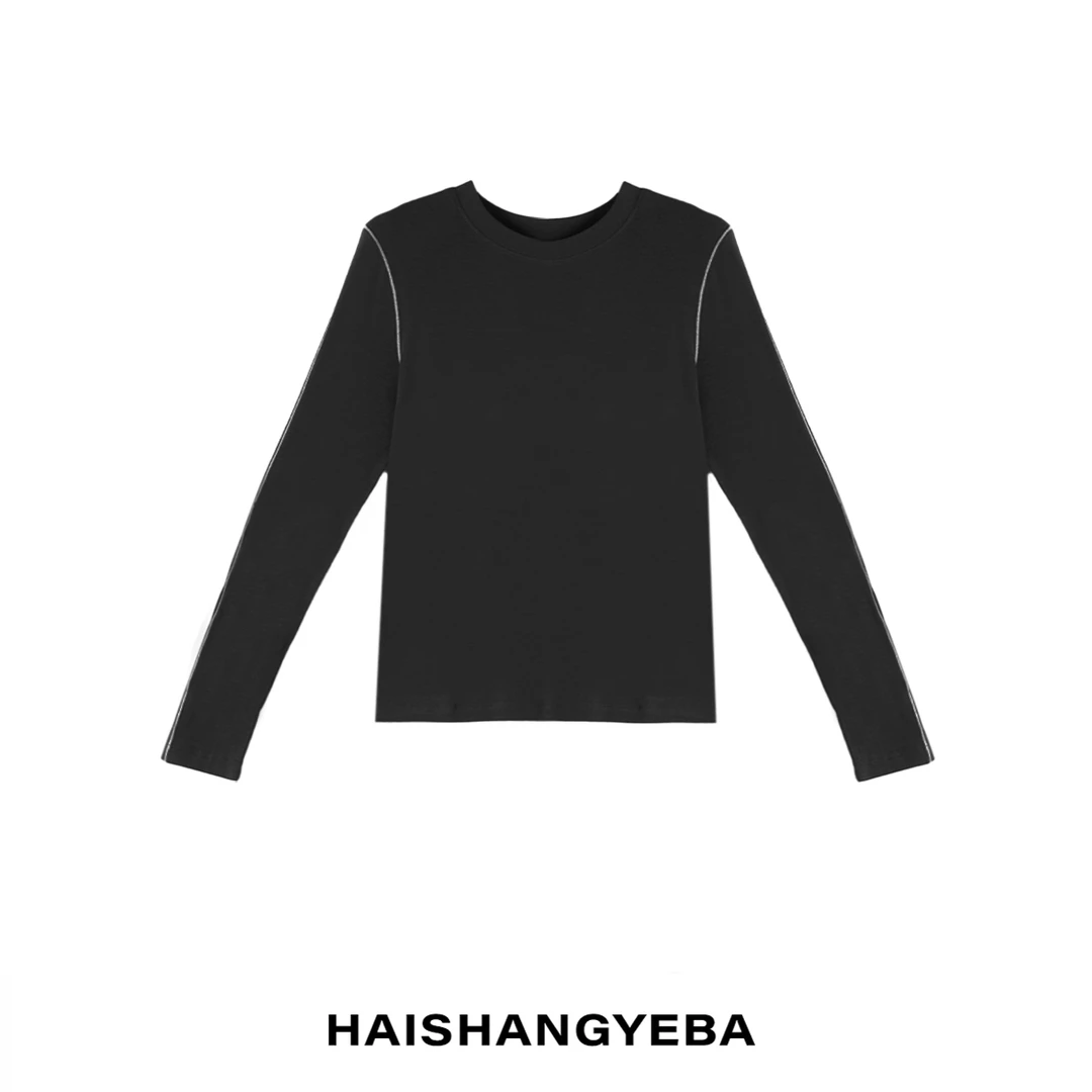 【海上叶爸】新款2025秋冬百搭圆领厚款休闲线条打底衫