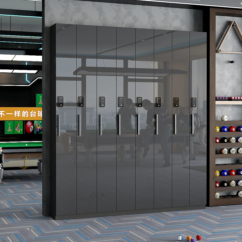 现代轻奢台球架杆器灰色木纹储物柜高级感数字锁更衣柜会员专用柜