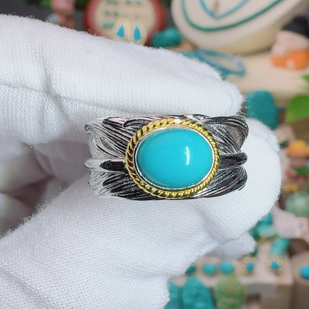 绿松石银S925镶嵌珠宝奇石饱满高瓷蓝羽毛戒指