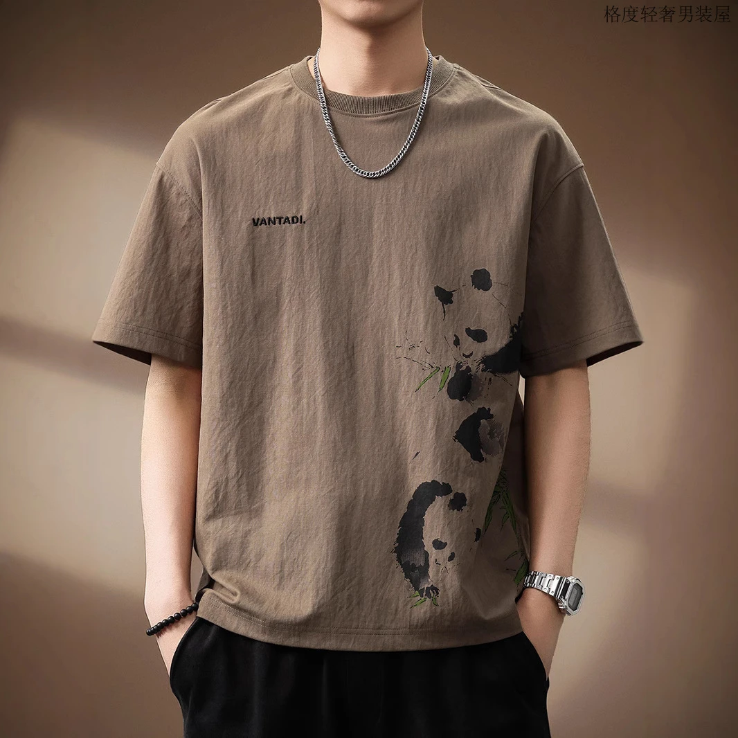 新款夏季薄款亚麻冰感男士T恤宽松印花短袖大码男士t恤圆领时尚