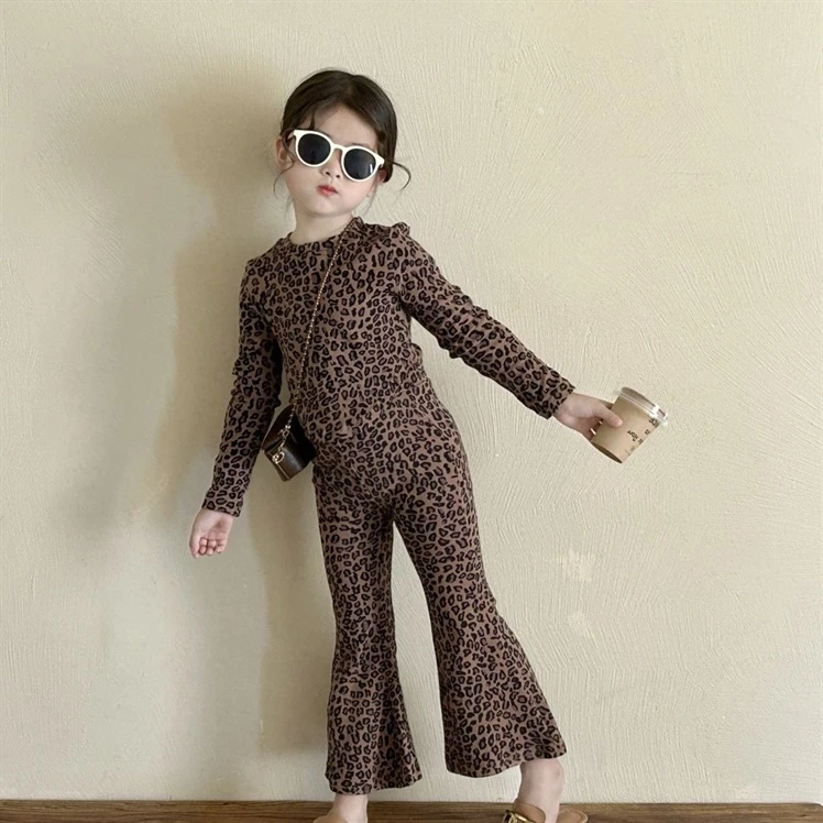 女童秋装套装儿童秋季豹纹长袖T恤喇叭裤童装女宝宝洋气弹力时髦t