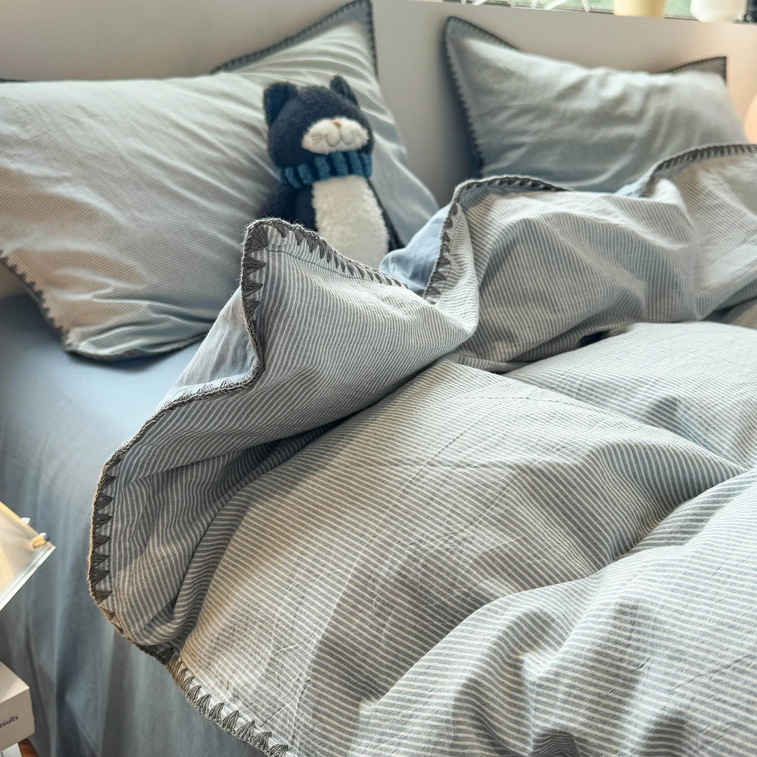 【朵罗塔】清新蓝条贝壳边床上四件套纯棉100%全棉2025新款被套床单