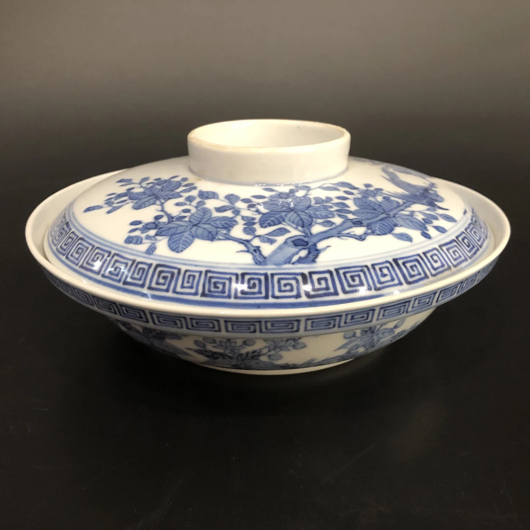 A03436清光绪青花花鸟纹盖锅 口径19cm