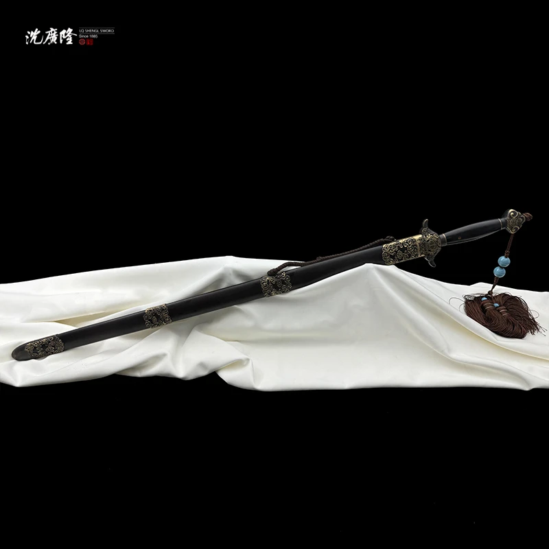 龙泉沈广隆-祥瑞福寿剑 黄铜 黑檀木 花纹钢 手工锻打 未开刃