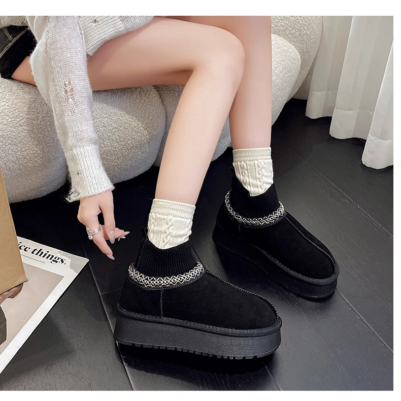 2024新款冬季厚底真皮针织秋冬保暖雪地靴女加绒加厚毛线口雪地靴