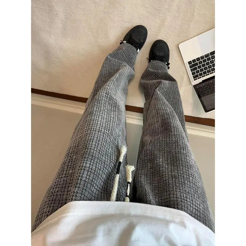 cleanfit灰色格子休闲卫裤男款秋冬季宽松垂感直筒裤美式阔腿裤子