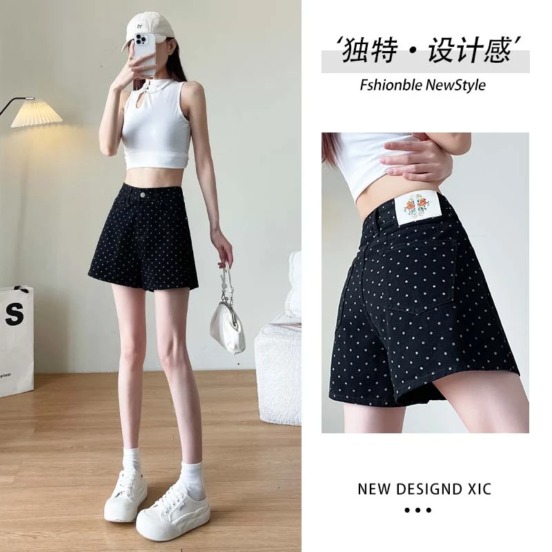 黑色波点牛仔短裤女2025夏季新款时髦高腰宽松显瘦阔腿a字热裤子