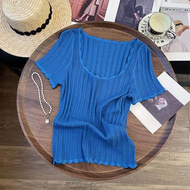 设计感法式潮流冰丝短袖T恤女夏季薄款宽松大码波浪边镂空上衣潮