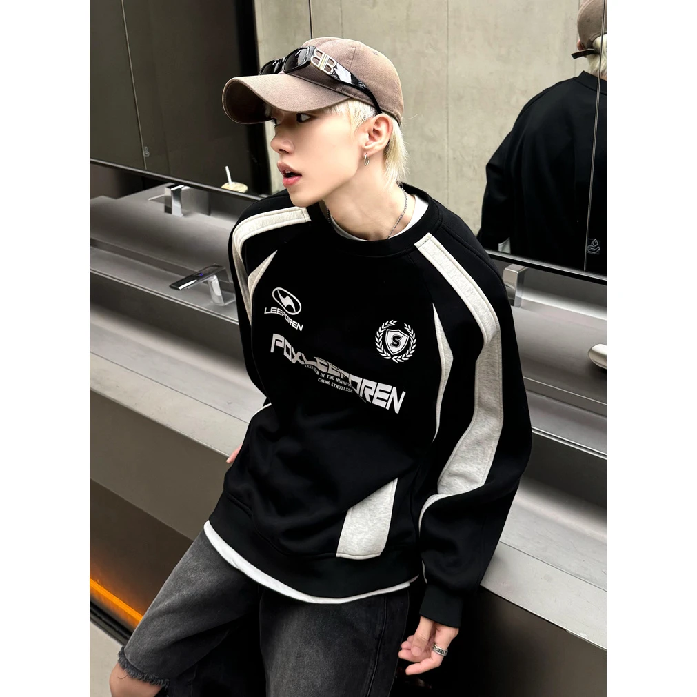 重磅拼接插肩袖卫衣男春秋潮牌高级感痞帅美式冰球服撞色圆领上衣